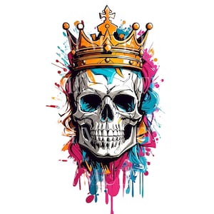 Watercolor Graffiti Style Skull Clipart, Skull Sublimation Designs, Skull Svg, Skull with Crown Pdf, Crowned Skull, Printable Watercolor