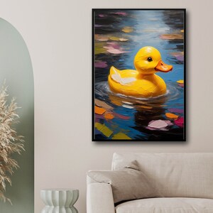 May include: A yellow rubber ducky floating in a blue pool of water with colorful abstract shapes in the background.