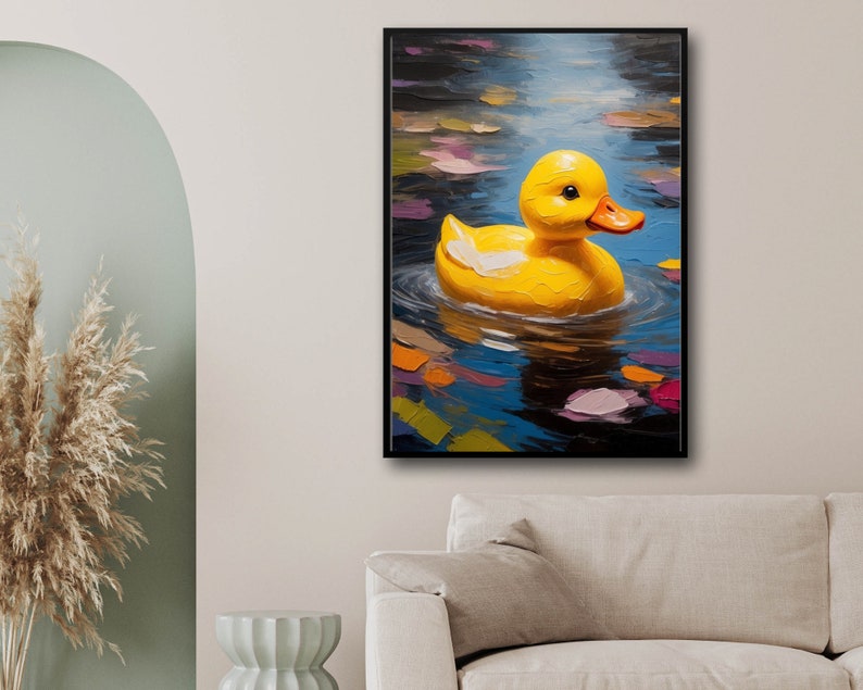 May include: A yellow rubber ducky floating in a blue pool of water with colorful abstract shapes in the background.