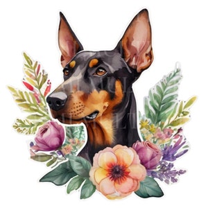 May include: A watercolor painting of a black and brown Doberman Pinscher dog with a floral wreath around its head. The flowers are in shades of pink, purple, yellow, and green.
