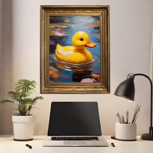 May include: A yellow rubber ducky floating in a blue pond with pink and purple flowers. The ducky is in a gold frame.