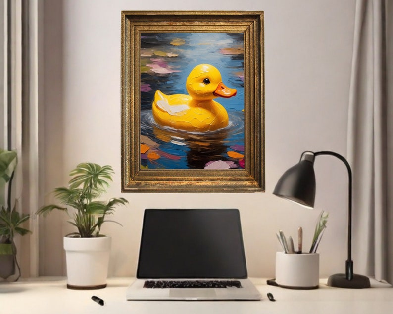 May include: A yellow rubber ducky floating in a blue pond with pink and purple flowers. The ducky is in a gold frame.