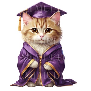 Puede incluir: Un lindo gato atigrado blanco y naranja con una gorra y una bata de graduación moradas. El gato está sentado con las patas cruzadas y mirando directamente a la cámara.