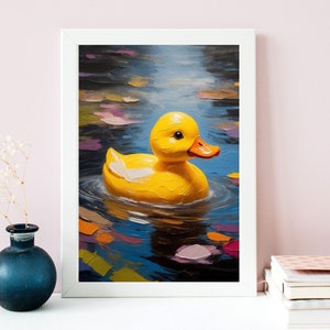 May include: A yellow rubber ducky floating in a blue and green pond with colorful leaves. The ducky is facing the right side of the image. The pond is painted with thick brushstrokes.