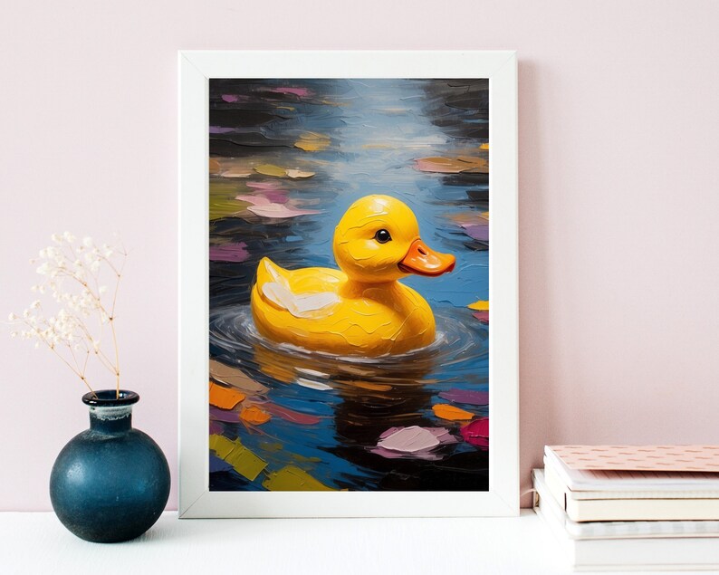 May include: A yellow rubber ducky floating in a blue and green pond with colorful leaves. The ducky is facing the right side of the image. The pond is painted with thick brushstrokes.