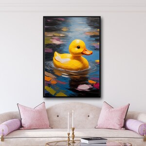 May include: A yellow rubber ducky floating in a blue pond with colorful reflections. The ducky has a small beak and black eyes.