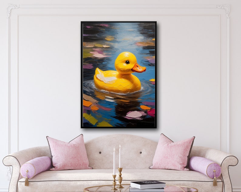 May include: A yellow rubber ducky floating in a blue pond with colorful reflections. The ducky has a small beak and black eyes.