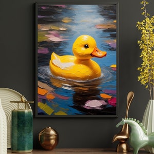 May include: A yellow rubber ducky floating in a blue and green pond. The ducky is painted in a realistic style with a textured surface. The pond is painted with brushstrokes and has a reflective surface.