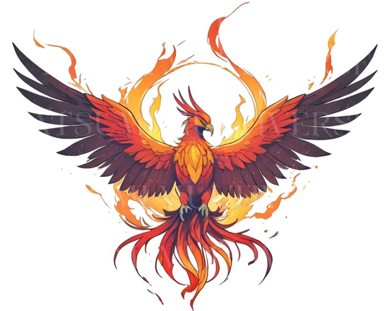 May include: A fiery orange and red phoenix bird with black wings and a long tail of flames. The phoenix is rising from a circle of flames.