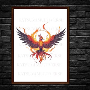May include: A fiery orange and red phoenix bird with outstretched wings, rising from a ring of flames. The bird has a yellow beak and black eyes. The background is white.