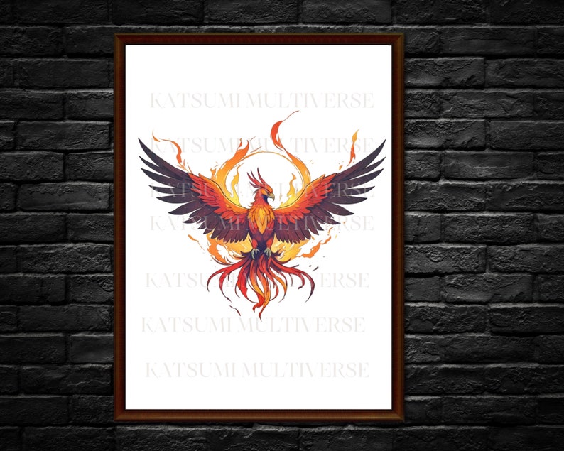 May include: A fiery orange and red phoenix bird with outstretched wings, rising from a ring of flames. The bird has a yellow beak and black eyes. The background is white.