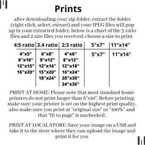 May include: A chart showing different print sizes for images with 4:5, 3.4, and 2:3 aspect ratios. The chart includes sizes from 4 inches by 5 inches to 24 inches by 36 inches. The text below the chart provides instructions for printing at home and at a local store.