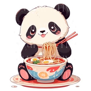 Cute Panda Png Svg, Pdf wall art, Ramen clipart, Kawaii Panda eating ramen, japanese cartoon card making Sublimation designs, Commercial Use