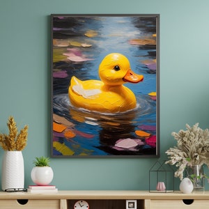 May include: A yellow rubber ducky floating in a blue pond with colorful reflections. The ducky has a white beak and black eyes.