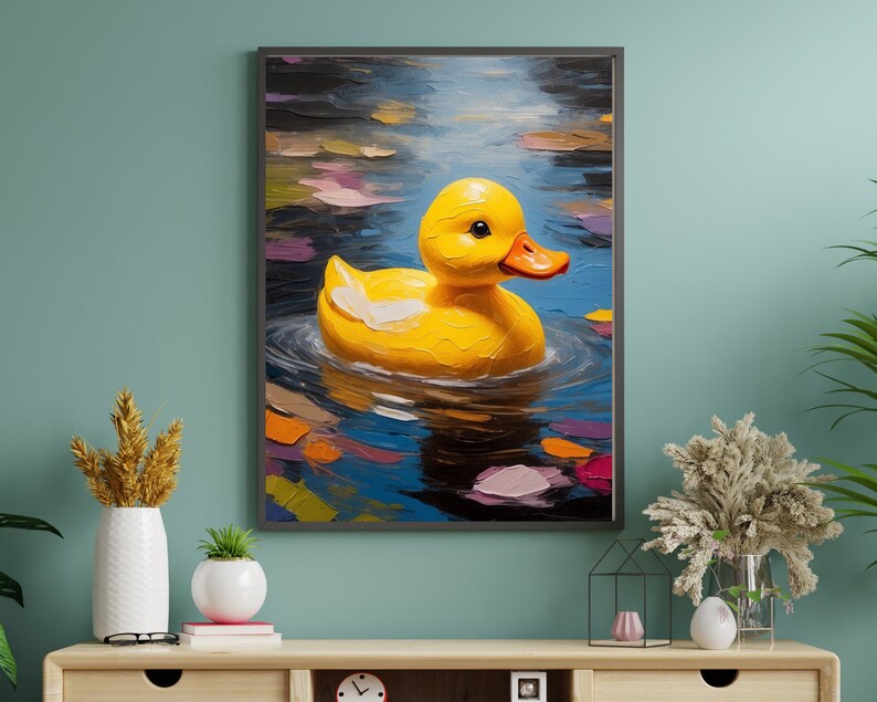 May include: A yellow rubber ducky floating in a blue pond with colorful reflections. The ducky has a white beak and black eyes.