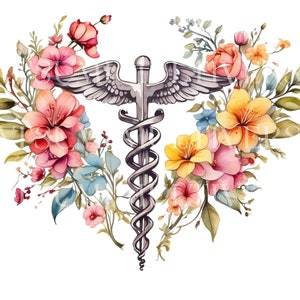 Caducée SVG PNG Symbole médical Clipart, Conception des médecins, Infirmière praticienne florale, Cadeau pour infirmière, Infirmière autorisée, Infirmière aquarelle Png