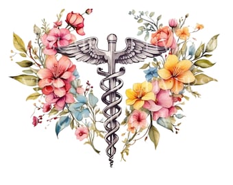 Caduceus SVG PNG Medical Symbol Clipart, Doctors design, Floral Practitioner Nurse, Gift for Nurse, Registered Nurse, Watercolor Nurse Png