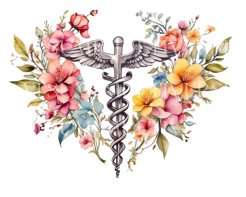 Caduceus SVG PNG Medical Symbol Clipart, Design medici, Infermiera professionista floreale, Regalo per infermiere, Infermiera registrata, Infermiera acquerello Png immagine 1