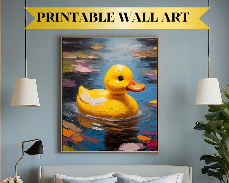 May include: A yellow rubber ducky floating in a blue pool of water. The ducky is painted in a realistic style with a textured surface. The background is a blue and green abstract painting.