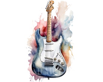 May include: A watercolor painting of a blue electric guitar with a white pickguard. The guitar is surrounded by colorful watercolor splatters in shades of red, orange, blue, and purple.