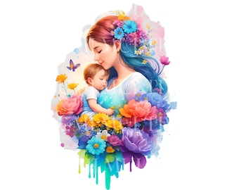 New Mom SVG PNG Watercolor | Mother's Day Sublimation Clipart | Butterfly Flower Transparent PNG | Mama Shirt Design Cricut Commercial Use