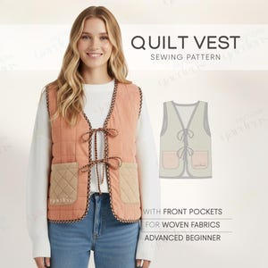 Puede incluir: Un chaleco acolchado melocotón con un patrón de diamantes, dos bolsillos delanteros y cierres de lazo. El chaleco tiene un ribete a cuadros marrón y negro. La imagen también incluye una ilustración de patrón de costura y el texto "QUILT VEST SEWING PATTERN".