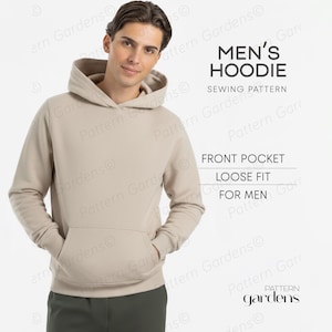 May include: A beige hoodie with a front pocket and a hood. The image includes the text "MEN'S HOODIE" and "SEWING PATTERN". The hoodie is described as "LOOSE FIT" and "FOR MEN".