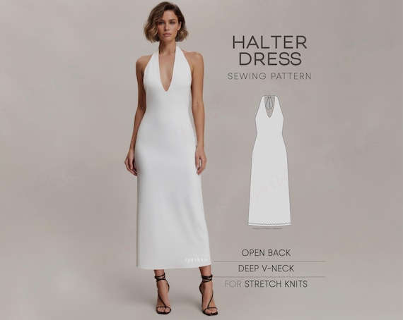 Halter Dress Sewing Pattern, Bridesmaid Dress Pattern, Open Back Dress Pattern, Elegant Long Dress PDF Sewing Patterns For Women