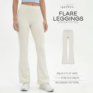May include: Cream-coloured flare leggings with a snug fit at the hips. The image includes a sewing pattern graphic and text that reads "FLARE LEGGINGS SEWING PATTERN". The leggings are shown on a person wearing white trainers.