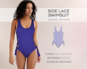 May include: A sewing pattern for a side lace swimsuit with a cheeky hip coverage and reversible design. The pattern is for an advanced beginner.
