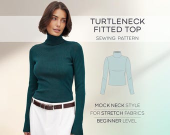 Patrón de blusa de cuello alto, patrón de costura para blusa de mujer, patrón de suéter de cuello alto para principiantes, patrón de blusa de manga larga, patrones PDF de tallas grandes