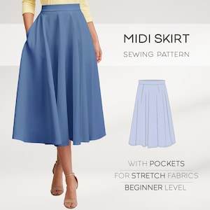 Peut inclure: Patron de couture pour une jupe midi avec poches. Le patron est conçu pour les tissus extensibles et est de niveau débutant. La jupe est bleue et a une large ceinture. Le patron comprend un dessin au trait de la jupe.