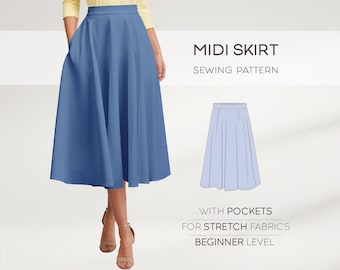 Midi Skirt With Pockets Pattern For Beginners In 8 Sizes XS - 4XL, Flared Skirt Sewing Pattern For Women, PDF Sewing Patterns