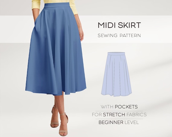 Midi Skirt With Pockets Pattern For Beginners In 8 Sizes XS - 4XL, Flared Skirt Sewing Pattern For Women, PDF Sewing Patterns