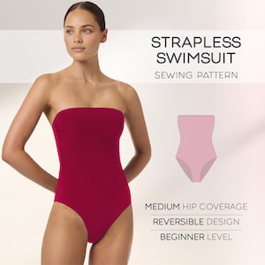 Peut inclure: Maillot de bain une pièce sans bretelles de couleur rouge foncé. Le maillot de bain a une couverture de hanches moyenne et une conception réversible. L'image comprend également un schéma de patron de couture et le texte "Strapless Swimsuit Sewing Pattern".