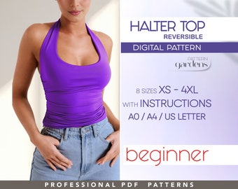 Halter Top PDF Pattern, Cropped Top Beginner Sewing Pattern XS - 4XL, Open Back Shirt Pattern, Backless Top Pattern, PDF Sewing Patterns