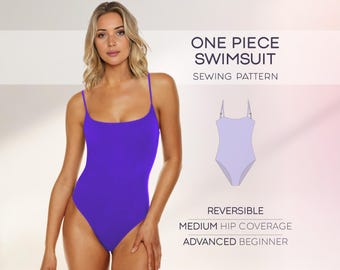 May include: A sewing pattern for a one-piece swimsuit with medium hip coverage. The pattern is reversible and is described as an advanced beginner project. The pattern is illustrated with a line drawing of the swimsuit.