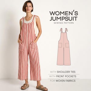 May include: A jumpsuit sewing pattern featuring a red and white striped jumpsuit with shoulder ties and front pockets. The text reads: WOMEN'S JUMPSUIT SEWING PATTERN WITH SHOULDER TIES WITH FRONT POCKETS FOR WOVEN FABRICS. Includes a technical line drawing.