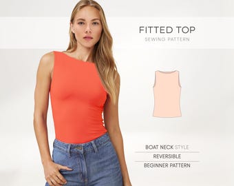Fitted Top Sewing Pattern For Women, Stretch Top Pattern, Boat Neck Top Pattern, Fitness Top Pattern, Yoga Top Pattern, Clothes PDF Patterns