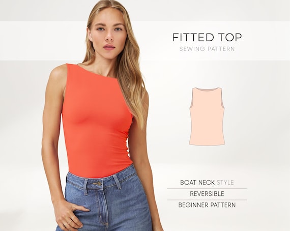 Fitted Top Sewing Pattern For Women, Stretch Top Pattern, Boat Neck Top Pattern, Fitness Top Pattern, Yoga Top Pattern, Clothes PDF Patterns