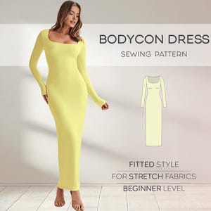 Bodycon Dress Pattern For Women, Long Fitted Dress Beginner Sewing Pattern, Stretch Tight Dress Pattern, Dress PDF Sewing Patterns