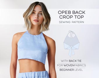 Open Back Crop Top Sewing Pattern: Linen Blouse, Plus Sizes (PDF Pattern)