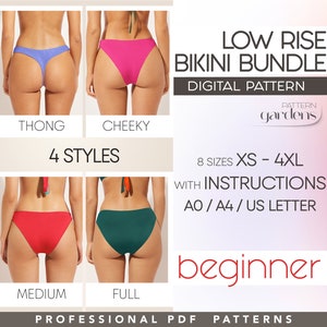 Swimsuit Pattern Bundle, Beginner Bikini PDF Pattern, Low Rise Bikini Sewing Pattern, Plus Size Patterns, Reversible Bathing Suit Pattern