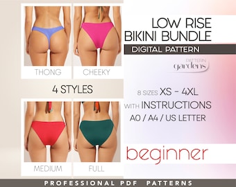 Paquete de patrones de trajes de baño, patrón de bikini para principiantes en PDF, patrón de costura de bikini de tiro bajo, patrones de tallas grandes, patrón de traje de baño reversible