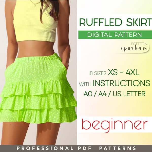Ruffled Skirt Beginner Pattern, Flared Skirt Sewing Pattern, Short Mini Skirt Pattern, Summer Skirt PDF Sewing Pattern, Plus Size Skirt