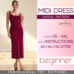 Midi Dress Pattern, Fitted Bodycon Dress Sewing Pattern XS - 4XL, Women Easy Dress Pattern, PDF Digital Sewing Patterns