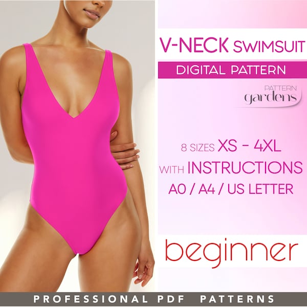 One Piece Swimsuit Pattern, PDF Bikini Sewing Pattern, Plus Size Bathing Suit Pattern XS - 4XL, V Neck Bodysuit Beginner Pattern