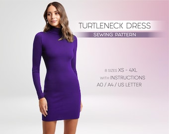 High Neck Bodycon Dress Sewing Pattern | Long Sleeve Mini Dress PDF Pattern  | Mock Neck Fitted Dress Digital Download | DIY Sewing A4 A0 PDF - Etsy
