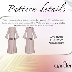 May include: A sewing pattern for a long, flared-sleeved dress with a boat neckline. The pattern is for beginners and recommends using 4-way stretch fabric. The dress is 57 inches or 144 centimeters long from shoulder to hem.