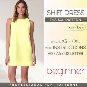 Shift Dress Sewing Pattern, A-Line Dress Pattern, Summer Cotton Dress Beginner Pattern, Relaxed Short Dress, Plus Size Dress PDF Pattern